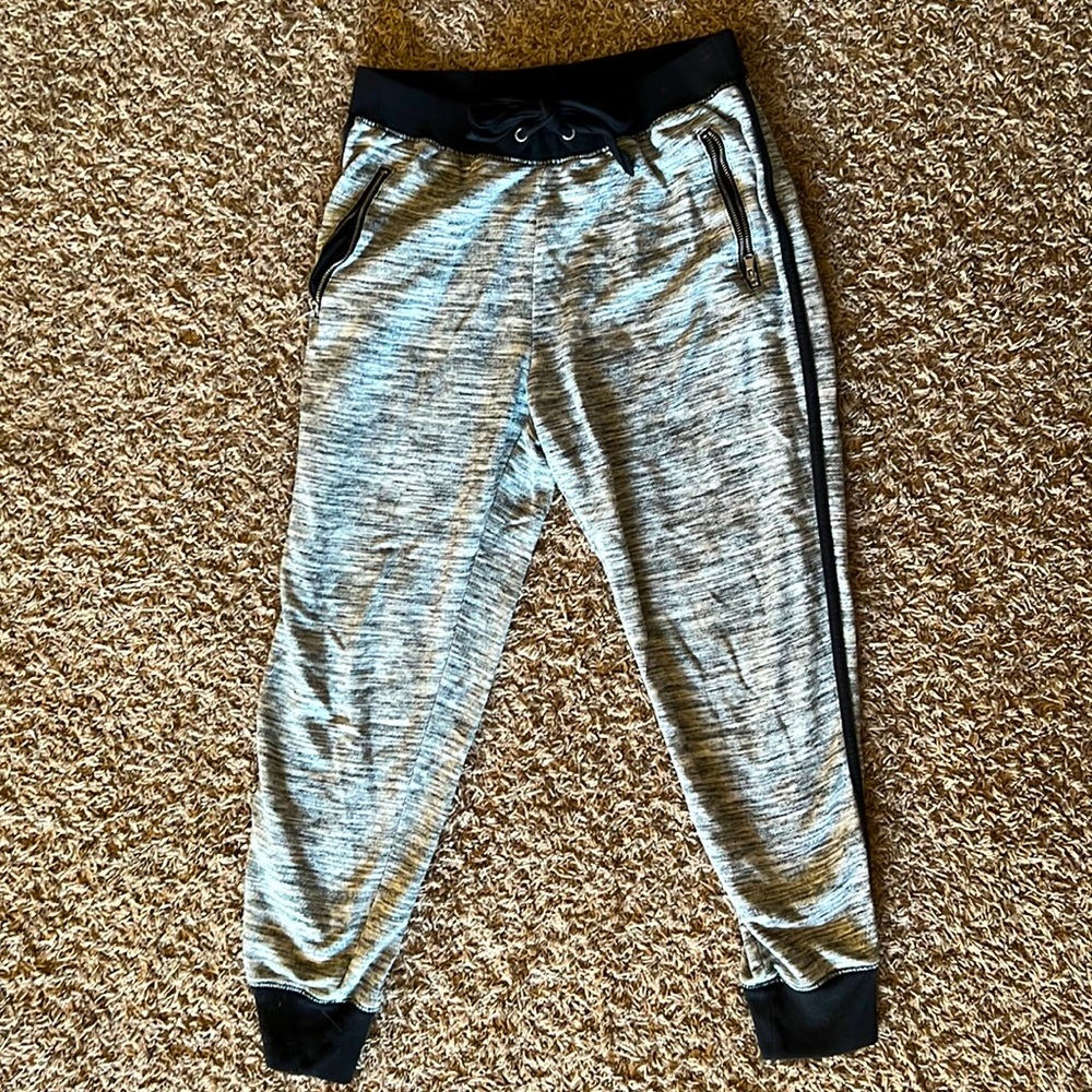 Petite a.n.a. joggers. Black and white brindle.